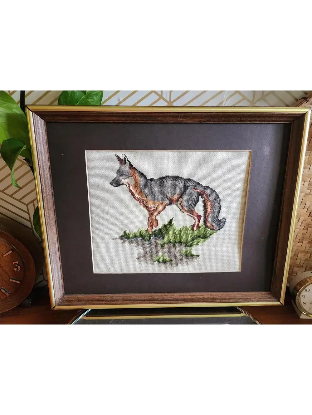 Vintage 1980s Preworked Cross Stitch Grey Wolf Framed